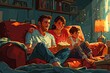 © Nino Lavrenkova - A family having a movie night at home, with popcorn and blankets, contemporary digital art with a flat design aesthetic