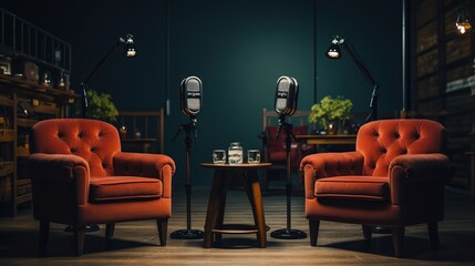 Two chairs and microphones in podcast or interview room on dark background.