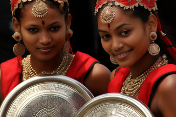 two young Indian women smiling in traditional Indian costumes