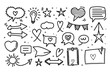 Doodle set of simple decorative elements. Various icons such as hearts, stars, speech bubbles, arrows, lines isolated on white background, illustration