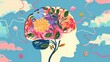 An artistic representation of mental wellbeing, featuring a human head silhouette with a vibrant assortment of floral patterns and elements symbolizing a flourishing, healthy brain.
