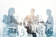 © Who is Danny - Creative city skyline with businesspeople silhouettes on light backdrop. Teamwork, partnership and success concept. Toned image. Double exposure