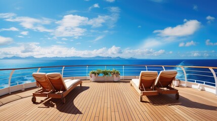 Wall Mural - Deck of a cruise liner, offering a picturesque view of rows of comfortable lounge chairs against a vivid blue sky