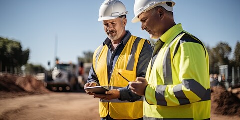 extreme long shot of 2 confident construction workers looking at an ipad on a busy outdoor construct