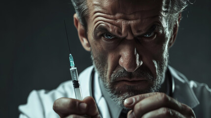 a very angry face of a doctor in a white coat with a syringe in his hands, which he is reaching for someone