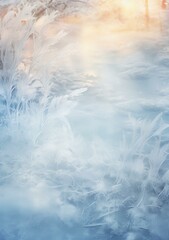 Wall Mural - Frosty winter landscape with sun and clouds. Generative AI.