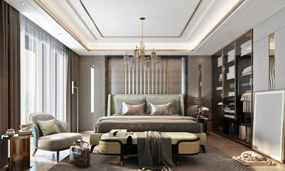 Wall Mural - 3d render of modern bedroom, hotel room