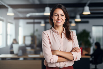 Portrait of successful and happy businesswoman, office worker smiling and looking at camera with crossed arms, working inside modern office.