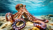 An Octopus Swims In The Sea. Close-up Octopus Photography

