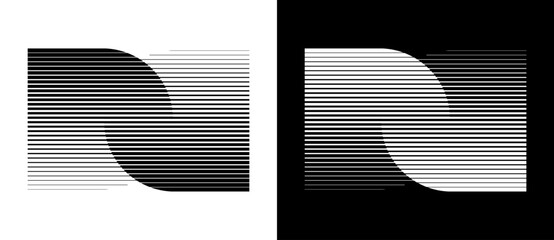 Fototapete - Transition in two semicircles with parallel lines. Abstract art geometric background for logo, icon, tattoo. Black shape on a white background and the same white shape on the black side.