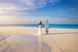 A beautiful couple holding hands walks down a tropical paradise beach during sunset time