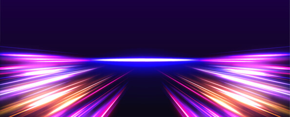 Leinwandbilder - Vector speed of light in space on dark background. Abstract background in blue, yellow and orange neon colors. Magic of moving fast lines. Laser beams, horizontal light rays. Particle motion effect.	