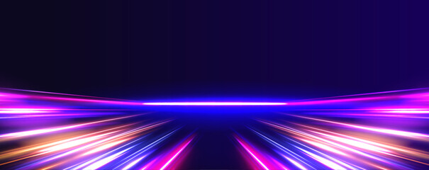 Leinwandbilder - Vector speed of light in space on dark background. Abstract background in blue, yellow and orange neon colors. Magic of moving fast lines. Laser beams, horizontal light rays. Particle motion effect.	