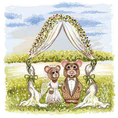 Poster - Mouse wedding. 
Fairy tale cartoon. Color, graphic, hand-drawn cartoon of on a nature background.
