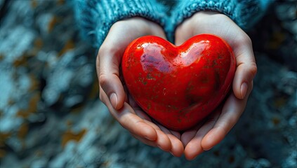 Cœur rouge rustique et brillant tenu entre 2 mains d'une femme pour la saint valentin