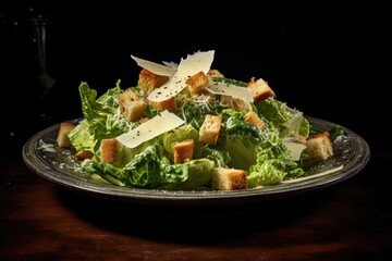 Poster - Caesar salad with parmesan and croutons on black background, A crisp Caesar salad with parmesan and croutons, AI Generated