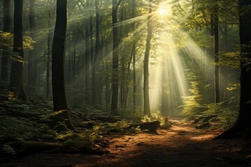 Sticker - Morning in the forest with sunbeams and rays of light, A deep, mysterious forest with rays of sunlight filtering through the trees, AI Generated