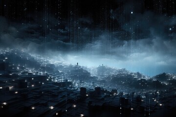 Poster - Night cityscape with glowing buildings and blue lights. 3D rendering, A dense cloud of digital particles dispersing into a cyber etherspace, AI Generated