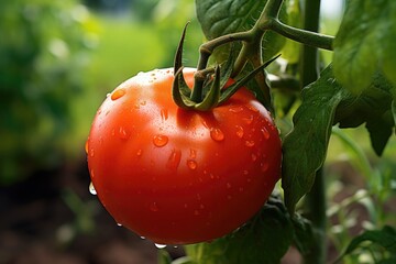 Sticker - Ripe red tomato on a branch with water drops in the garden, A detailed look at a ripe, organic tomato on the vine, AI Generated