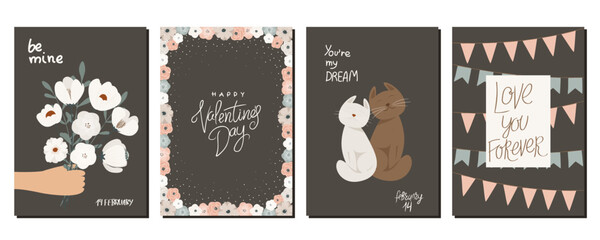 Wall Mural - A set of postcards for Valentine's Day. Cute illustrations. Couple in love. Cute elements for holiday cards	