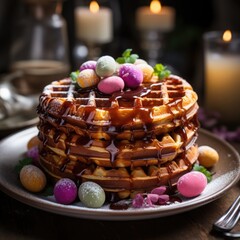 Wall Mural - Easter waffle with easter decoration. And painted colorful eggs decoration.