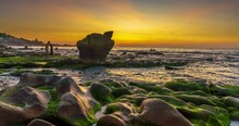 Time Lapse Of Rocky Beach And Green Moss In Sunrise Sky At A Beautiful Beach In Central Vietnam. Seascape Of Vietnam Strange Rocks.