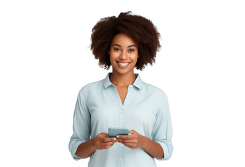 portrait of smiling african american woman looking at the camera holding her phone isolated on a transparent background