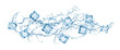 Liquid blue long water flow splash and ice cubes with drops. Realistic 3d wave stream or spill of vector cold soda, drink water or sparkling cocktail with transparent ice crystals, bubbles, droplets