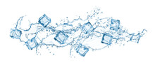 Liquid Blue Long Water Flow Splash And Ice Cubes With Drops. Realistic 3d Wave Stream Or Spill Of Vector Cold Soda, Drink Water Or Sparkling Cocktail With Transparent Ice Crystals, Bubbles, Droplets