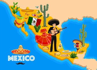 Wall Mural - Mexico map with national characters, cuisine, fruits and plants, vector background. Mexican landmarks on Mexico map with mariachi musician in sombrero, chili pepper, avocado or maracas and poncho