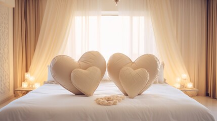 Wall Mural - cozy bed adorned with lovely heart-shaped pillows