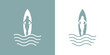 Logo club de surf. Silueta de mujer de pie frente a tabla de surf en espacio negativo con olas de mar