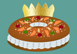 Roscón de Reyes relleno de nata y con frutas confitadas, almendras fileteadas y azucar glass. Acompañado de una corona dorada. Roscón de bizcocho y nata