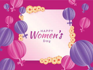 Canvas Print - Happy Women's Day Font Message Given Frame, Decorated with Flowers and Paper Cut Female Gender Symbols.