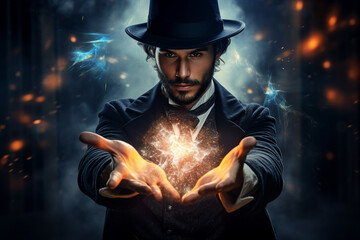 Wall Mural - Generative AI image picture of powerful elements wizard practicing ice water air fire magic video game character