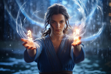 Wall Mural - Generative AI image picture of powerful elements wizard practicing ice water air fire magic video game character