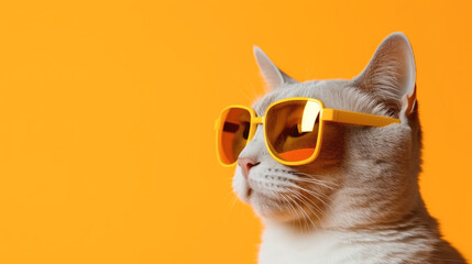 Wall Mural - Cat in sunglasses on a orange background with copyspace
