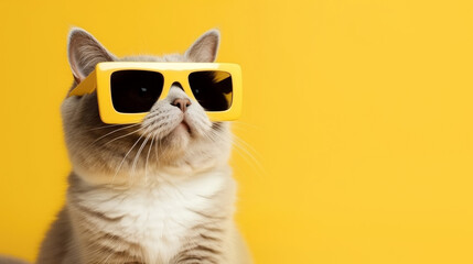 Wall Mural - Cat in sunglasses on a yellow background with copyspace