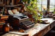 Antique typewriter on a rustic wooden desk surrounded by vintage objects, suggesting a creative or historical writing setting.