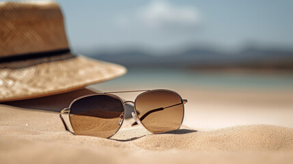 close-up of sunglasses on a beach reflecting the bright summer sun and clear blue skies.