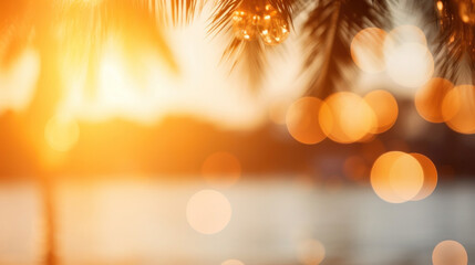 Soft bokeh lights of a tropical sunset seen through the silhouette of palm leaves, evoking a peaceful evening.