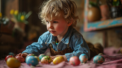 Wall Mural - 16:9 or 9:16 Cute boy playing with eggs on Easter day.for backgrounds screens greeting card or other High quality printing projects.