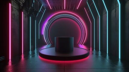 Wall Mural - 3d render interior minimalism with round podium placed in front of a black wall surround cyberpunk neon wall studio.