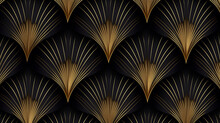 Seamless Golden Art Deco Scallop Palm Fan Line Pattern. 