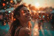 © ChaoticMind - A cheerful woman with sunglasses and a hat, covered in sparkles, laughs as she is surrounded by colorful confetti, capturing the spirit of celebration