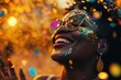 © ChaoticMind - A cheerful black woman with sunglasses and a hat, covered in sparkles, laughs as she is surrounded by colorful confetti, capturing the spirit of celebration