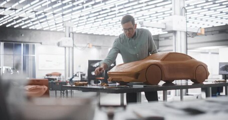 Wall Mural - Car Modeler Entering Creative Workplace to Work on a Concept Car Made Out of Plasticine Modeling Clay. Handsome Designer Using Spatula to Smooth the Prototype Model of a Modern Electric Sportscar