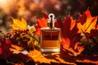 Transparent glass bottle of perfume on colorful fall leaves and autumnal flowers background. Elegant luxury fragrance presentation with golden sunlight