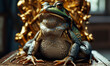 Regal Frog King Sitting on a Golden Throne, a Whimsical Concept Blending Wildlife with Monarchy and Luxury