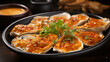 Fresh oysters with lime on a round plate. Oyster season. Macro-seafood dish. Oyster on the half shell.